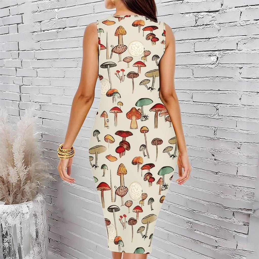 Women Plus Size Sleeveless Round Neck Midi Bodycon Dress Black Base Autumn Leaf Print Slim Fitted Dress