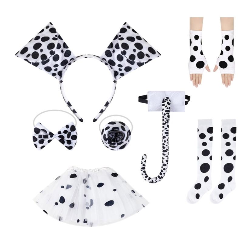 Dalmatiner Welpen Kostüm Set Ohr Stirnband Schwanz Fliege Nase Handschuh Tutu Rock für Kind Halloween Weihnachten Tier Cosplay