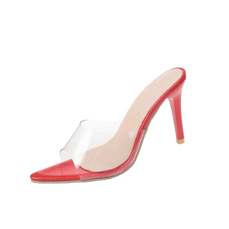 

Fashion Trendy Sexy Heeled Ladies Pointed Open Toe Slip on Party Stiletto High Heel Clear Mule Slides Woman Nude Transparent Shoes 43 красный