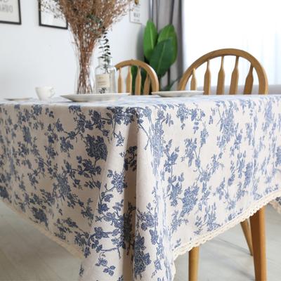 Vintage Chinese Style Tibetan Blue Floral Orchid Garden Tablecloth With Lace Hem Cotton Linen Picnic Cloth Dustproof Table Cover 
