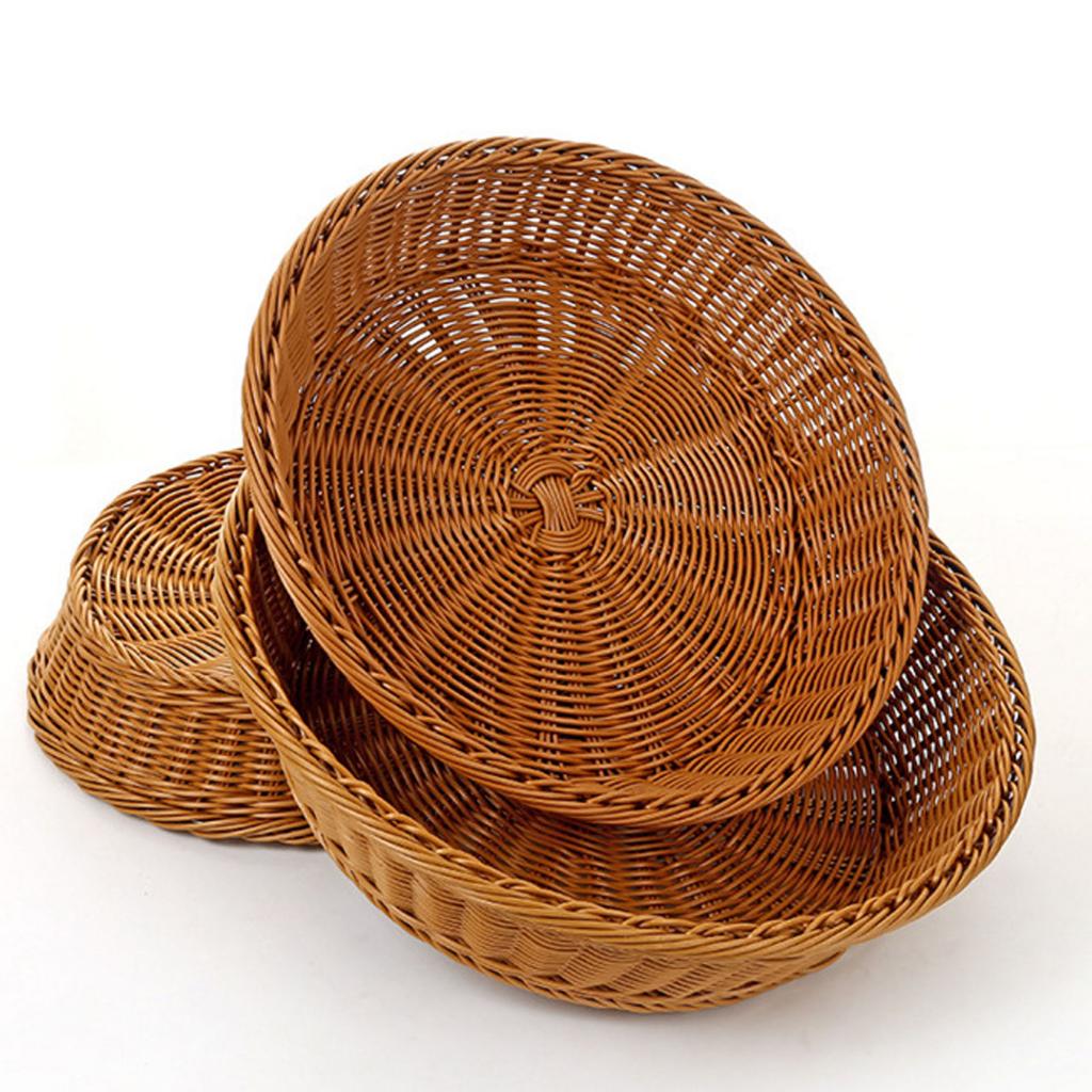 Weave Fruit Basket Round Shaped Faux Rattan Food Storage Holder Tray for Kitchen Home Supermarket
