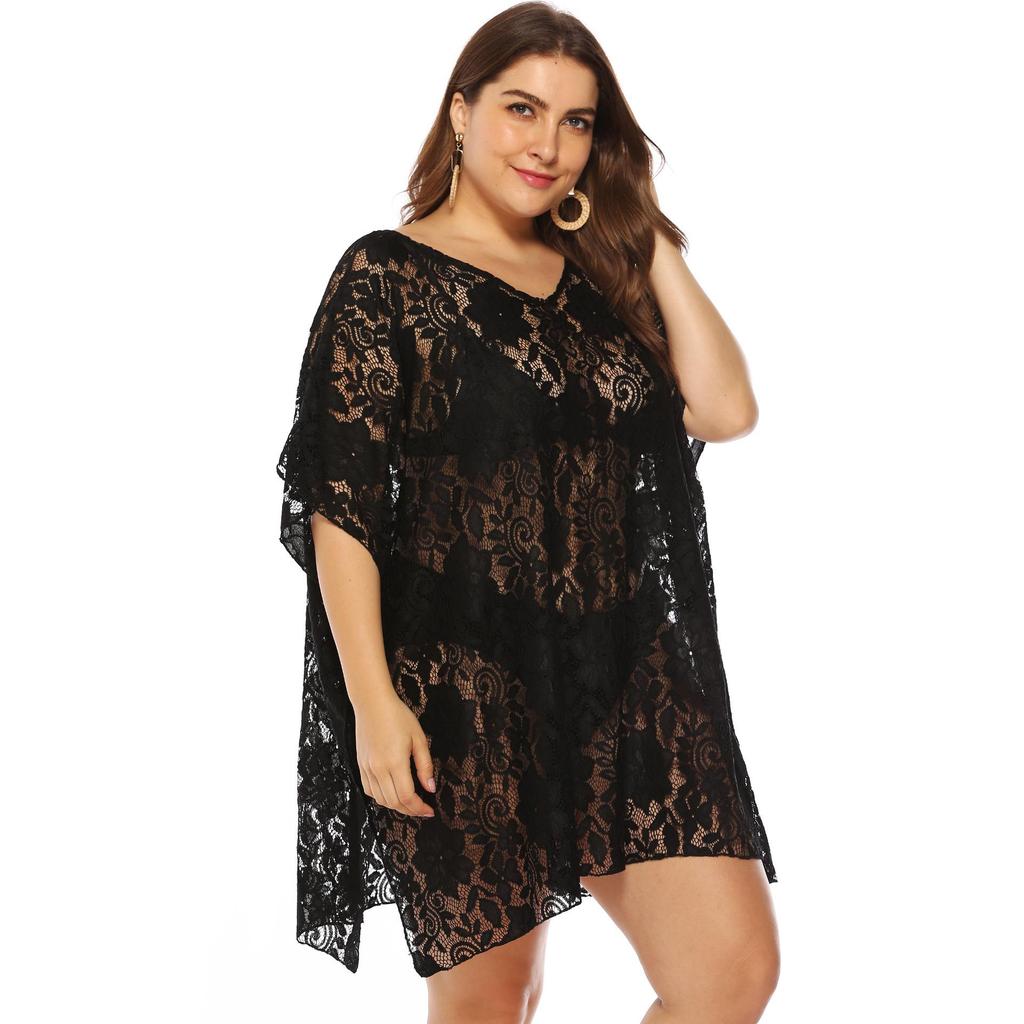 Robe de plage en dentelle pour femmes, grande taille, Sexy, ajouré, transparente, col en v, fendue, Cover-Up pour les maillots de bain