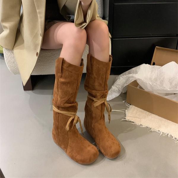 2025 autumn and winter new retro round head suede boots inner height increase women's boots lace-up versatile high boots