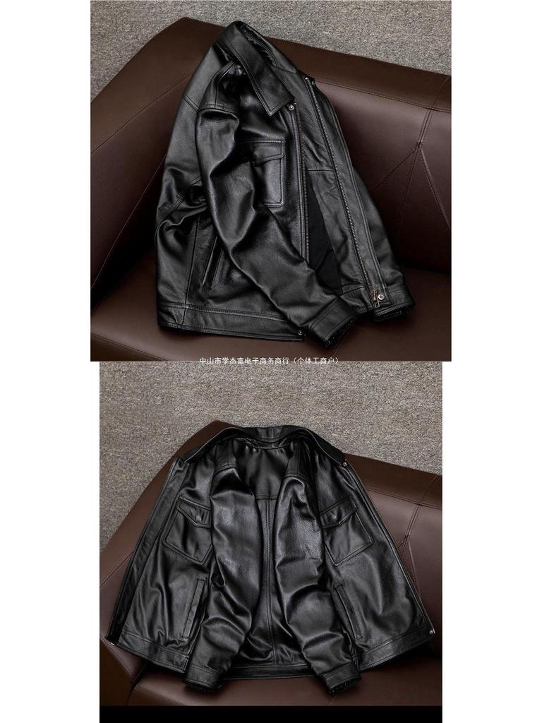 Men's Genuine Leather Turn-Down Collar Jacket - Short Style Cowhide Texture with Cotton, Plus Size - Ideal for Autumn & Winter