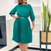 New Women's Clothing - Stylish and Elegant Round-neck, Three-quarter Sleeve Pleated Dress