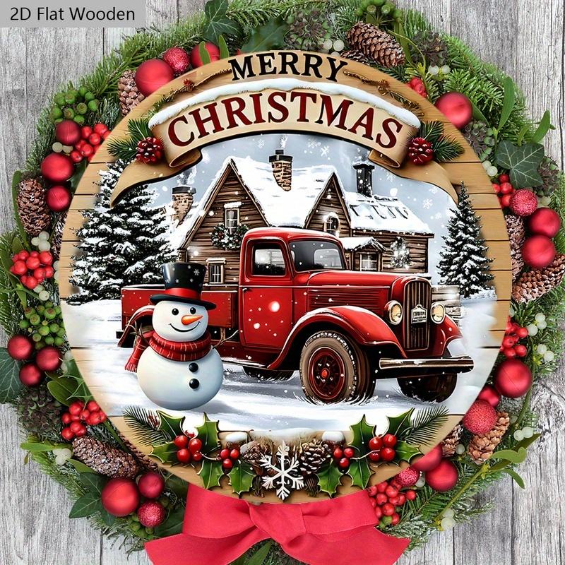 Christmas Wooden Sign with Classic Snowman & House Pattern - Navidad Round Sign for Front Door, Wall Hanging Decor - Ideal Christmas Decoration