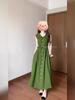 Original practice full-piece ironing French green lapel sleeveless dress women's summer retro temperament single-breasted long dress