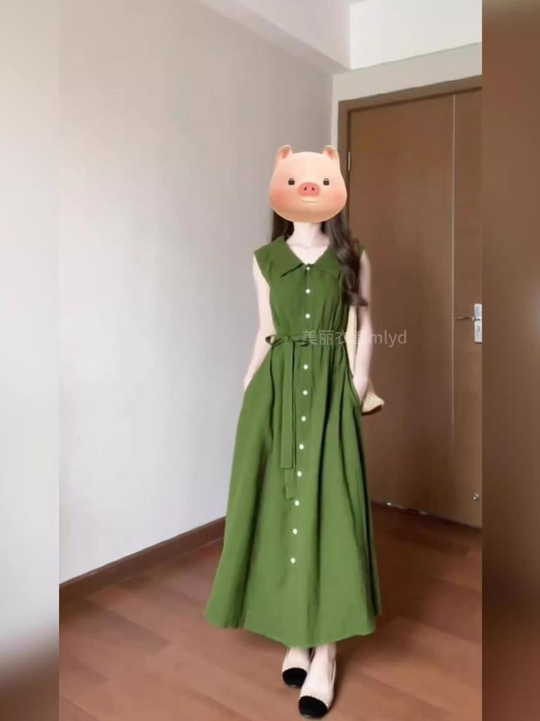 Original practice full-piece ironing French green lapel sleeveless dress women's summer retro temperament single-breasted long dress