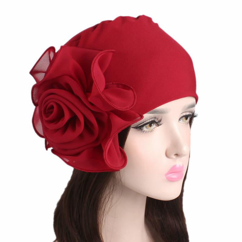 New Woman Beautiful Flower Turban Elastic Cloth Head Cap Hat Ladies Hair Accessories Muslim Women's Hijabs Scarf Cap