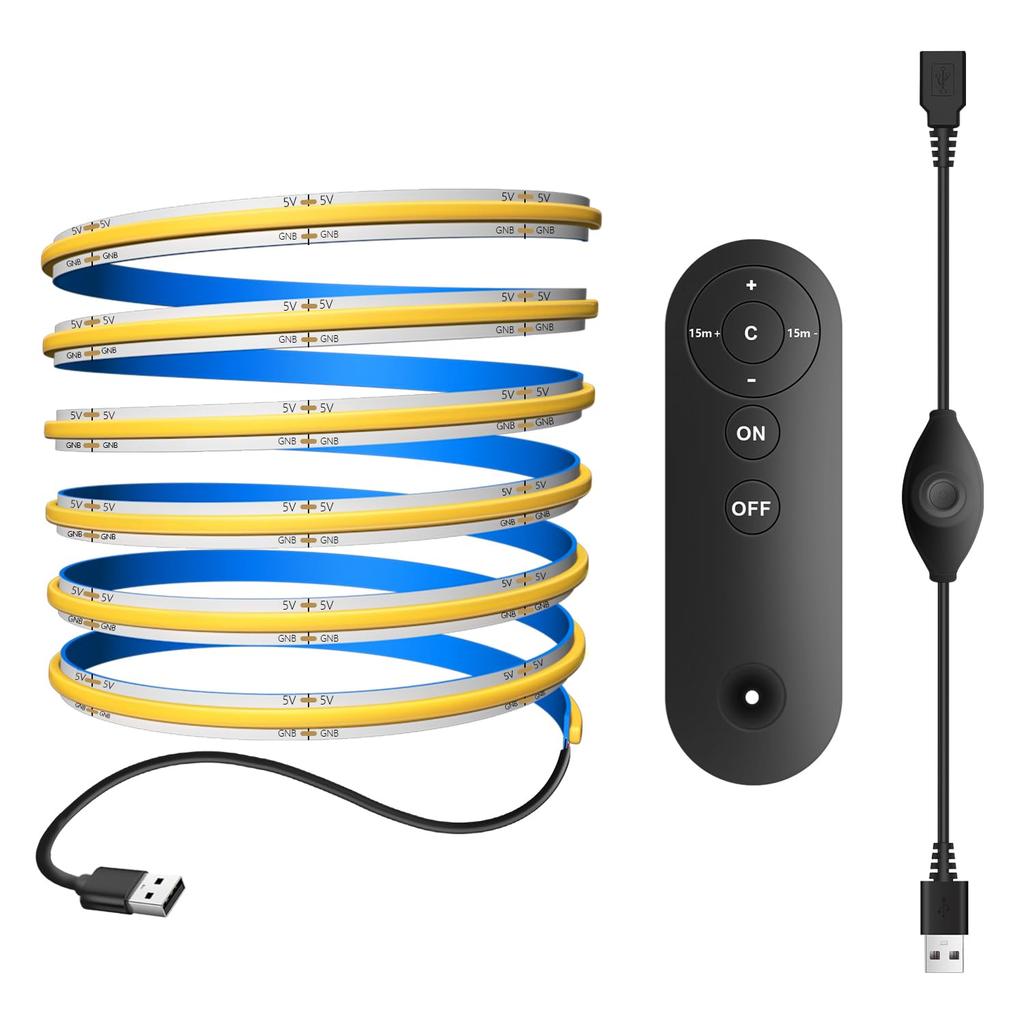 LEKE COB LED-Streifenlicht mit USB 4000K 320 Verformbar und Ideal für und Büros Fernbedienung, 3m, Tageslicht, Flexibel, Hohe LED-Dichte/m, 180° Beleuchtung,