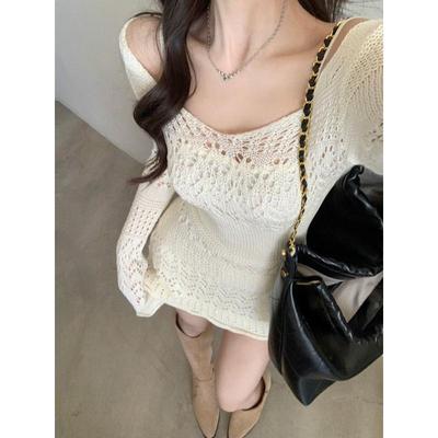 2024 Autumn Elegant Knitted Dress Women Long Sleeve Lace Short Party Dress Korea Fashion Slim Sexy Y2k Mini Dress Female Vintage