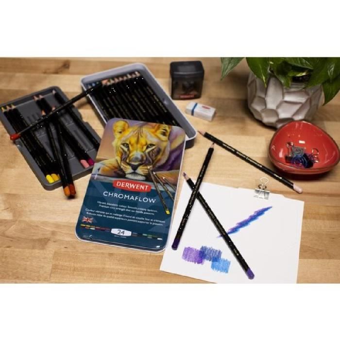 Crayons de couleur - Derwent - Chromaflow - Boîte de 24 - Qualité professionnelle - Mine tendre