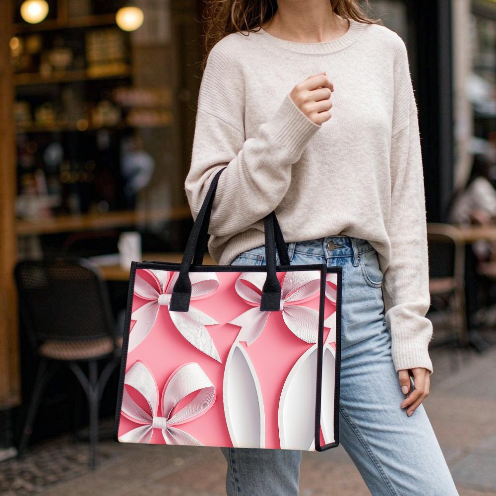 Pink Bow Pattern Tote Bag Casual Large Capacity Shoulder Handbag for Daily Use
