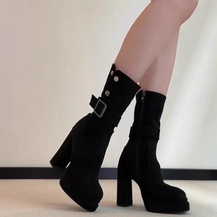 Small Thick-soled Thick-heeled Short Boots Women's 2025 New Autumn Retro Suede Super High-heeled Elastic Thin Boots