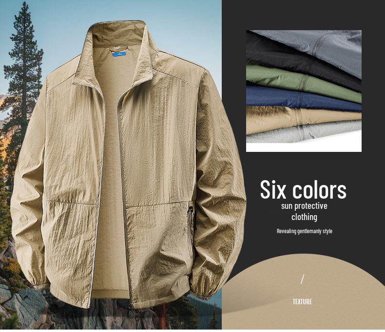 Chaqueta Cortavientos de Verano para Hombre con Protección Solar - Corte Casual Holgado, Cuello Alto, Talla Grande.