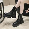 Fashion Cool British Style Lace-up Boots for Women Autumn New Style Thick Heel Thick Sole Belt Buckle Front Lace Up Leather Short Boots
