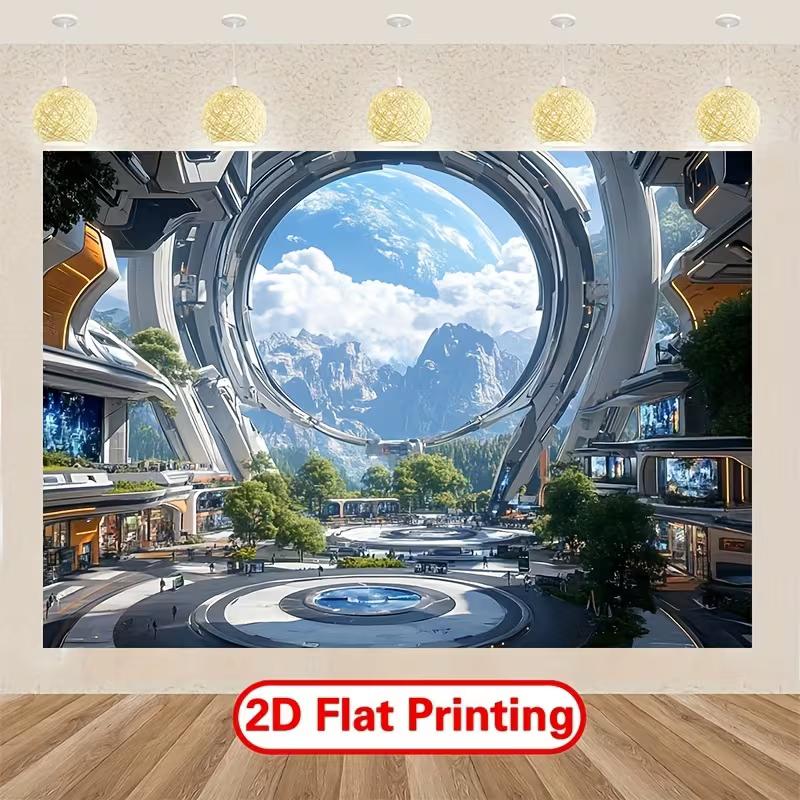 2D Sci-Fi Space Station City Tapestry Modern Future Earth View Background Cloth