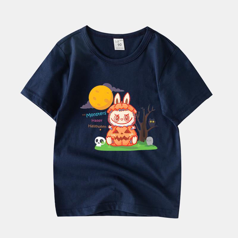 LABUBU Children's Short-sleeved T-shirt, 8 Colors, Comfortable T-shirt for Girls, Cute Cartoon Style,Halloween pumpkin LABUBU, Round Neck Top for Kids