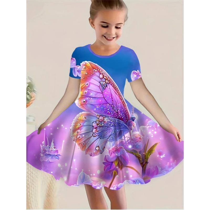 Adorable 3D Butterfly Print Dress for Girls with Vibrant Color Gradients, Glitter Accents, Short Sleeves,