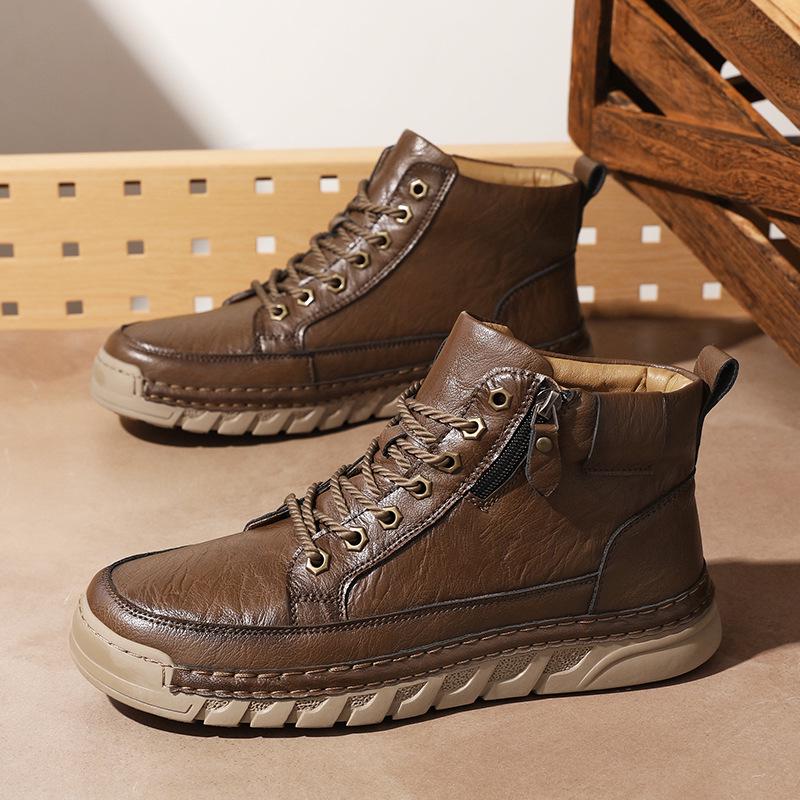Men's Plus Size Handmade Leather High-Top Winter Boots with Velvet Lining
