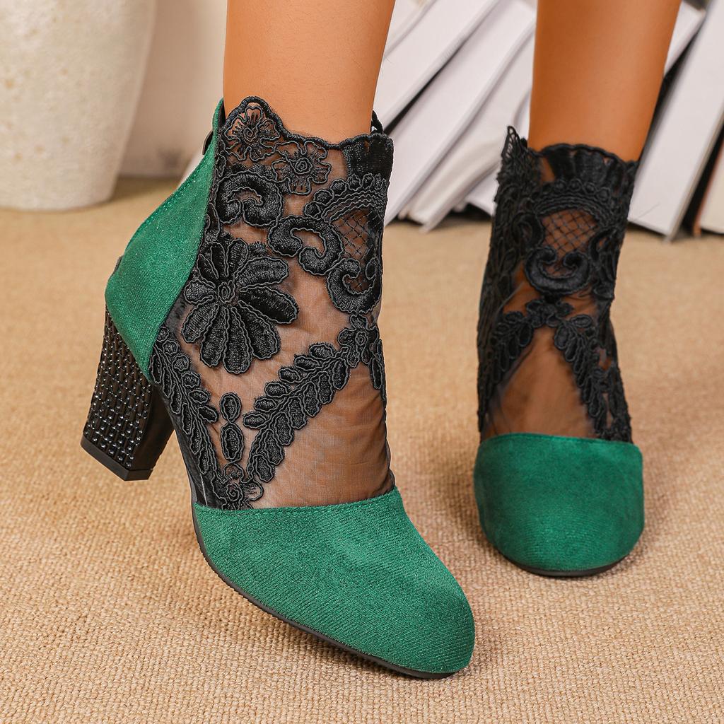 2025 Summer New Designer Shoes Women High Heels Lace Flower Ankle Strap Hollow Out Sandals Round Toe Zip Pumps Zapatos De Mujer