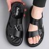 Men Black Leather Sandals Simple Flats Summer Brown Outdoor Hiking Sandals Outdoor Wide Beach Shoes for Father Over Sized
