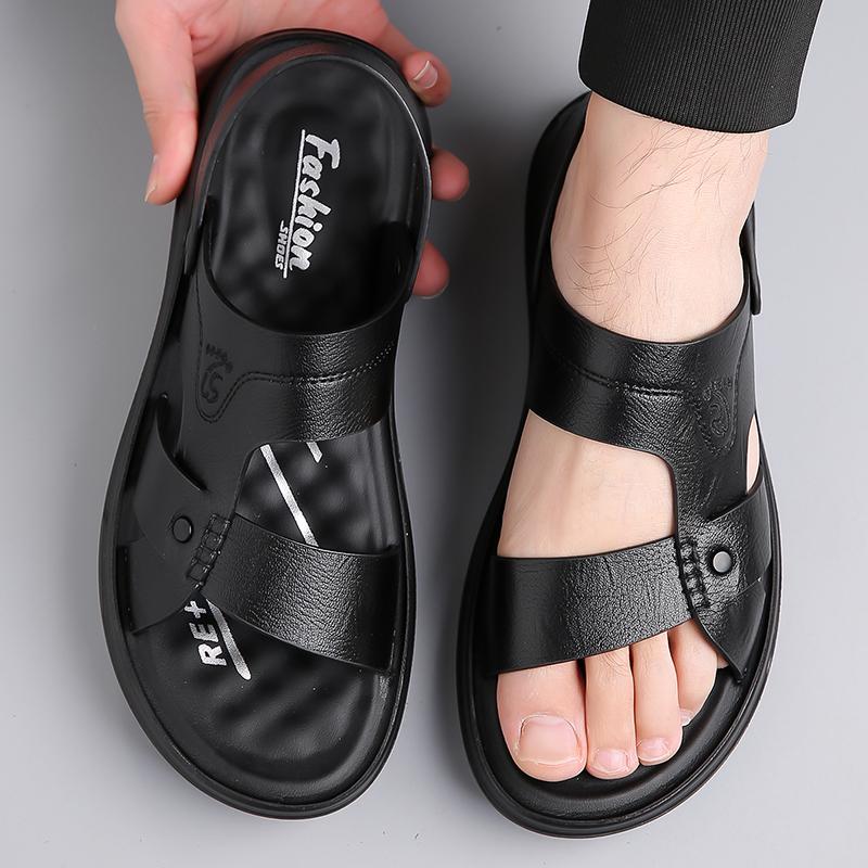 Men Black Leather Sandals Simple Flats Summer Brown Outdoor Hiking Sandals Outdoor Wide Beach Shoes for Father Over Sized