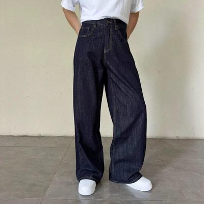 Unisex Dunkle Rohdenim Weite Beine Jeans Hoher Bund Lockere Passform Lässige Hose