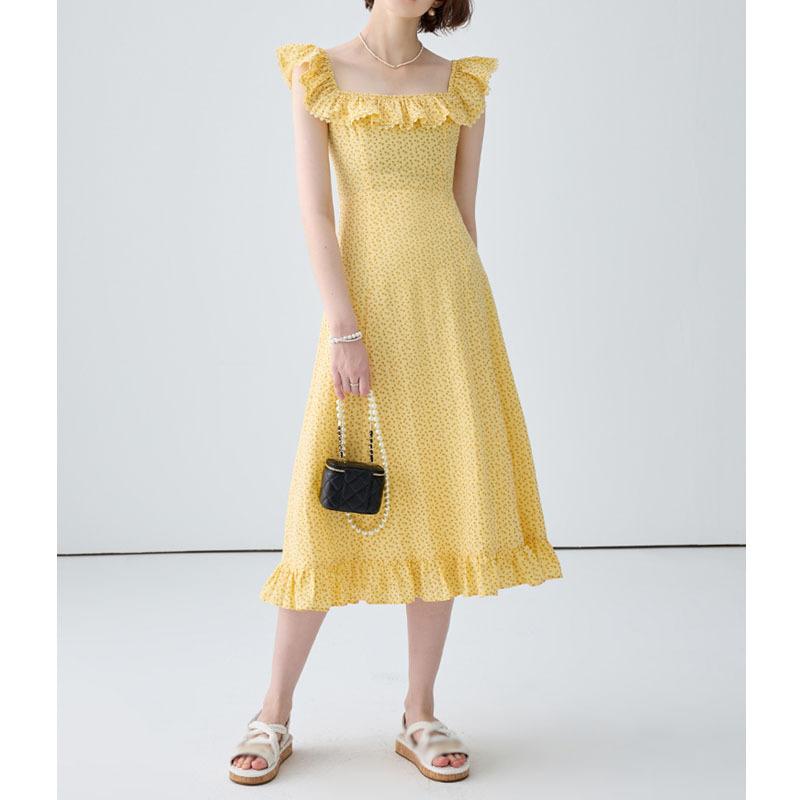 Stylish Dress Female Summer Square Collar Floral Skirt Beach Vacation Casual Dresses