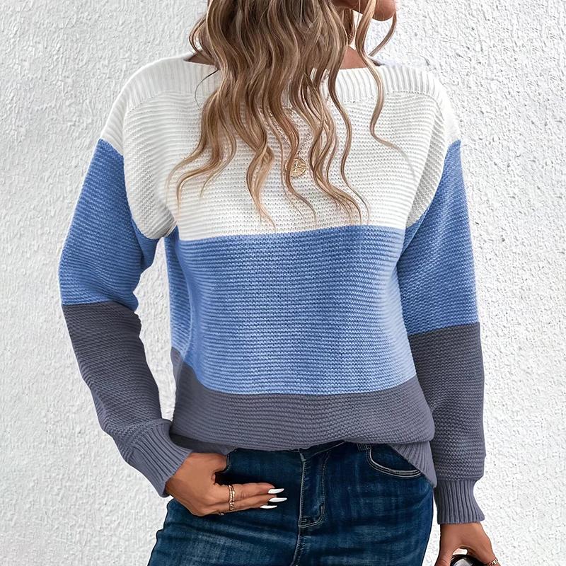 Women Spring Autumn Sweaters O-neck Stripe Knitted Fashion Long Sleeve Casual Color Collision Short Tops Korean Style Top