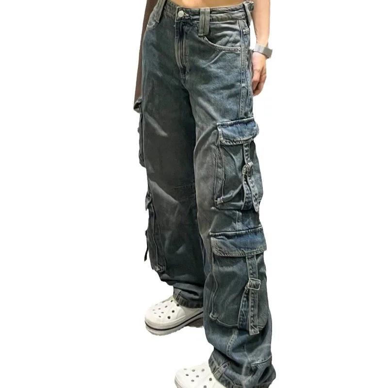 2024 Nowe jeansy robocze Vintage Luźny krój Szerokie nogawki Styl uliczny Amerykański design Kieszonkowy Modny hipsterski