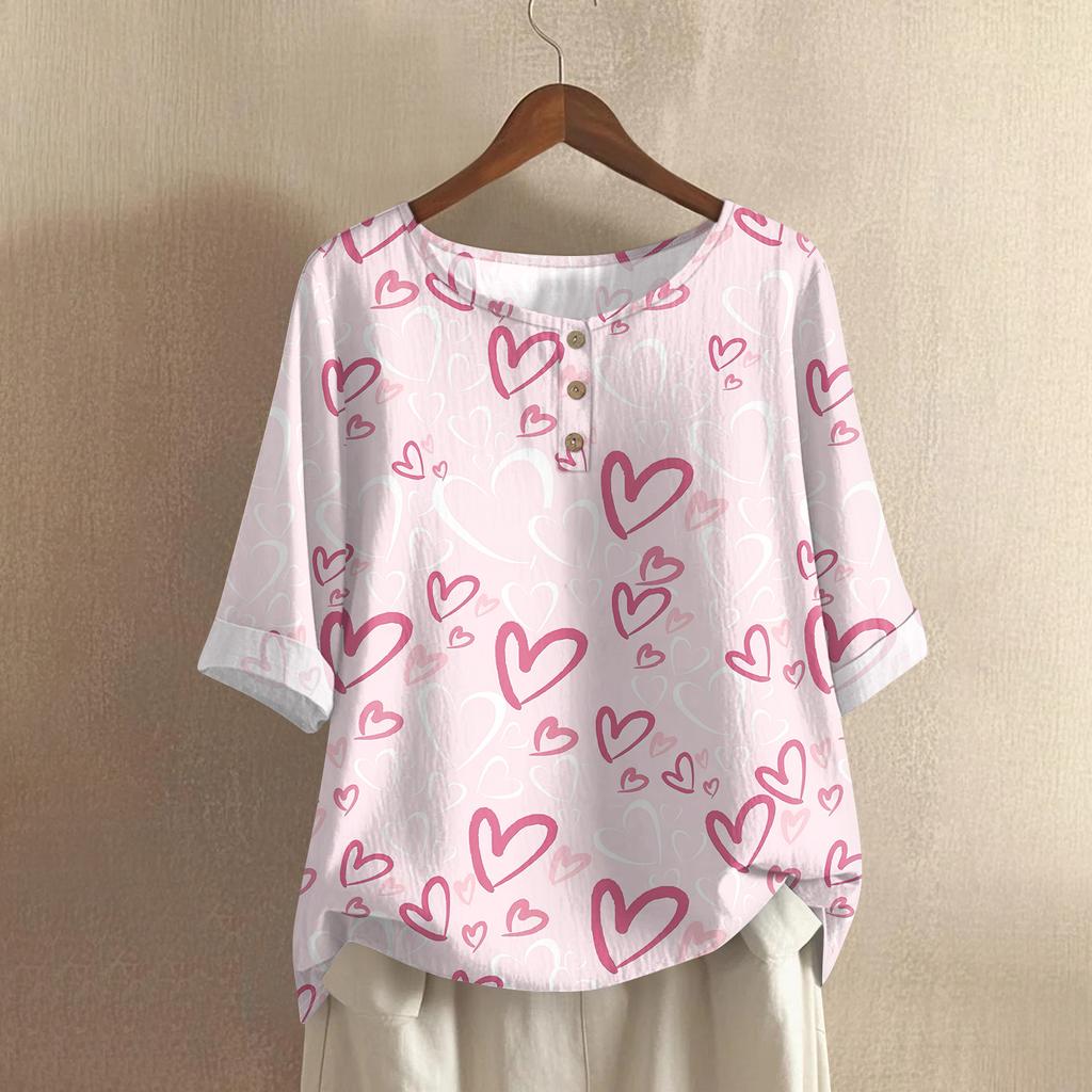 Damska casualowa bluzka z bawełny i lnu, z krótkim rękawem, okrągłym dekoltem i nadrukiem walentynkowym