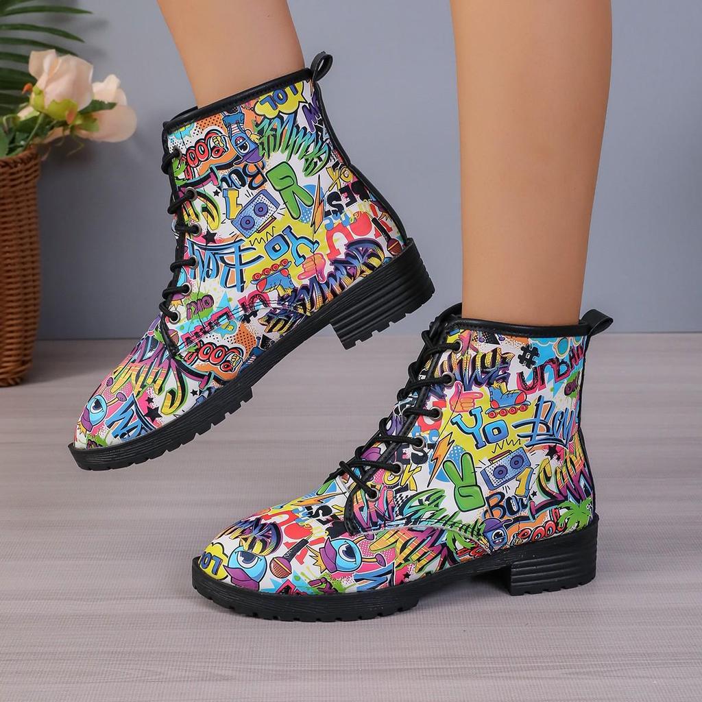 Europeiske og amerikanske grenseoverskridende Martin-støvler for kvinner: Høst/Vinter Graffiti 3D-trykk Arbeidsstøvler.