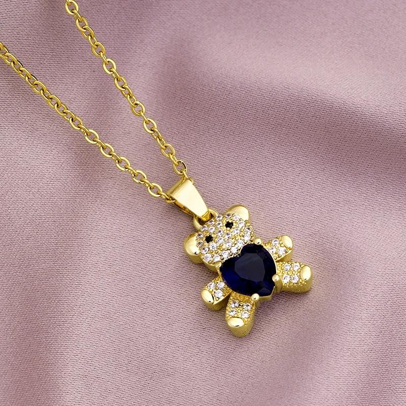 Animal Cute Bear Necklace Women 6 Style Copper Inlaid Zircon Female Charm Fashion Stainless Steel Chain Necklace Jewelry Gift