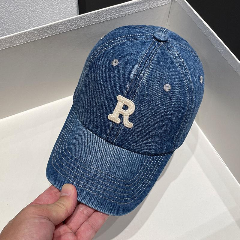 Korean washed denim embroidery R Letter baseball cap for men and women, versatile for spring and autumn, sun-protective, trendy duckbill cap