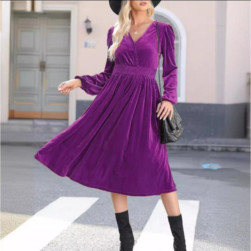 Autumn Winter Fashion V-neck Long Sleeved Dress New Solid Color Outer Wear Women Elegant Commuter Pleated High-waisted A-line Female Office Clothing