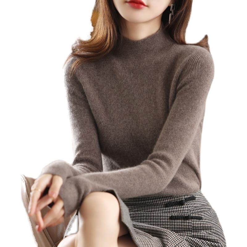 Women's Black Wool Semi-High Neck Base Layer Sweater - Soft, Comfortable, Slimming Fit for Autumn/Winter.