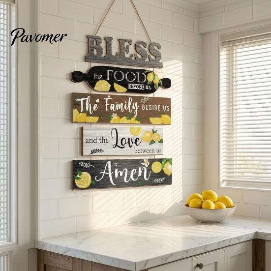 Kitchen Wall Plaque with Rope Wooden Decor, 5 Panel Bless Food Family Love Farmhouse Style Decor Hanging Sign, Art for Dining Room Living Splicing