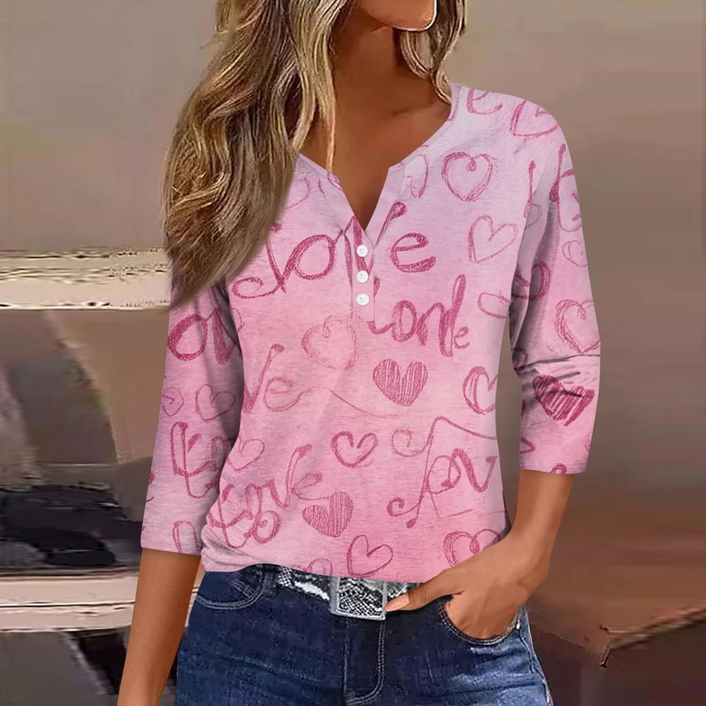 Damen Kragen Valentinstag Print Kurzarm T-Shirt Top