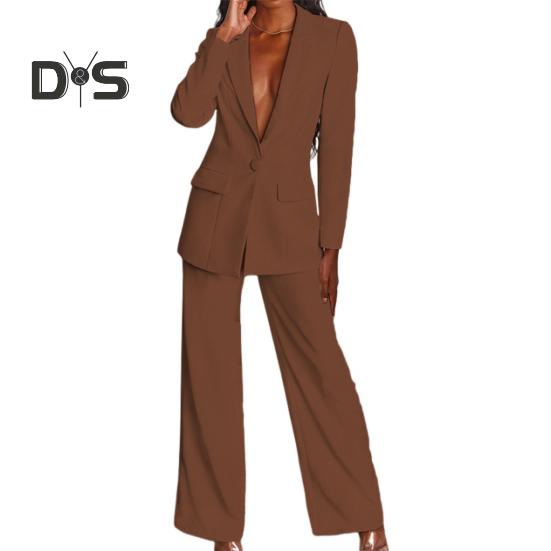 2 Teile/satz Frauen Anzug Mantel Hosen Set Tiefem V-ausschnitt Revers Einzigen Knopf Verschluss Mittlere Länge Strickjacke Langarm Jacke Gerade hosen Dame Formale