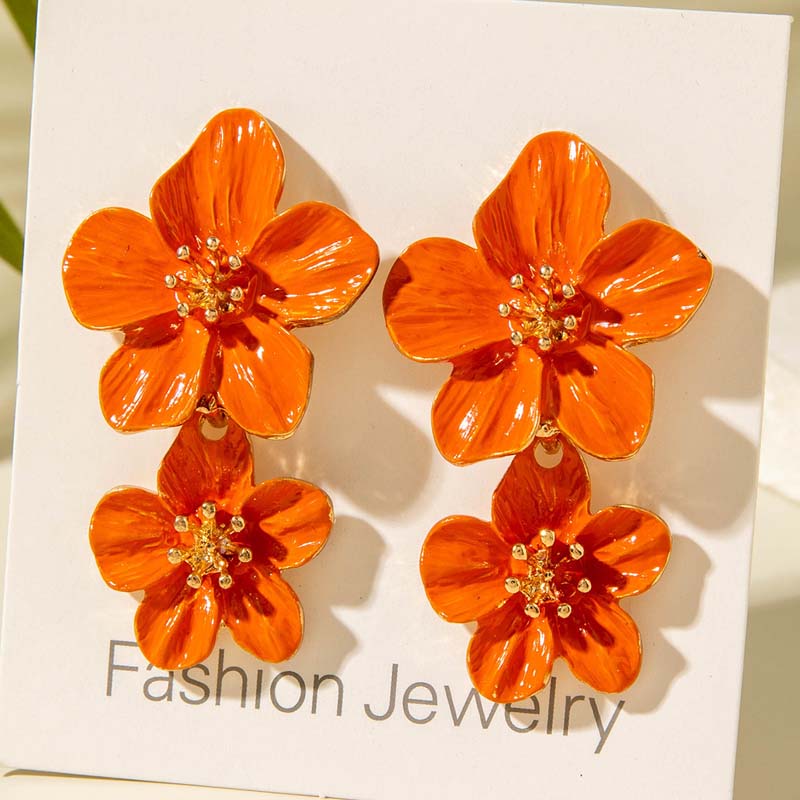 Bohemian Colorful Drip Oil Flower Pendant Earrings for Women Exaggerated Metal Long Double Flower Tassel Earrings Jewelry Gifts
