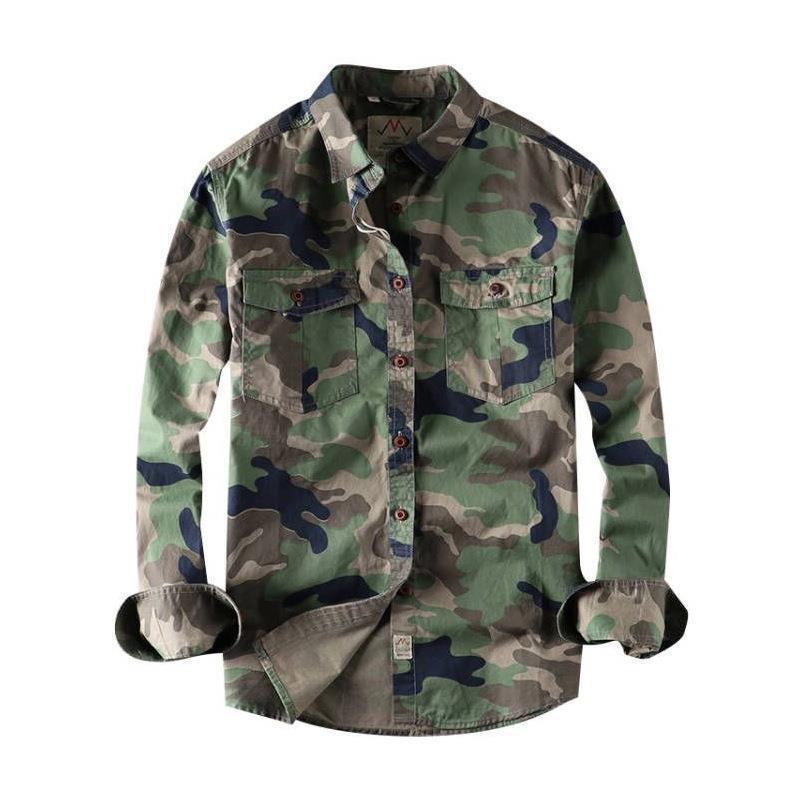 Men Washed Camouflage Long Sleeve Shirt Casual Military Utility Workwear Tops Young Men Fashion Streetwear Breathable Daily Wear Outdoor Shirt