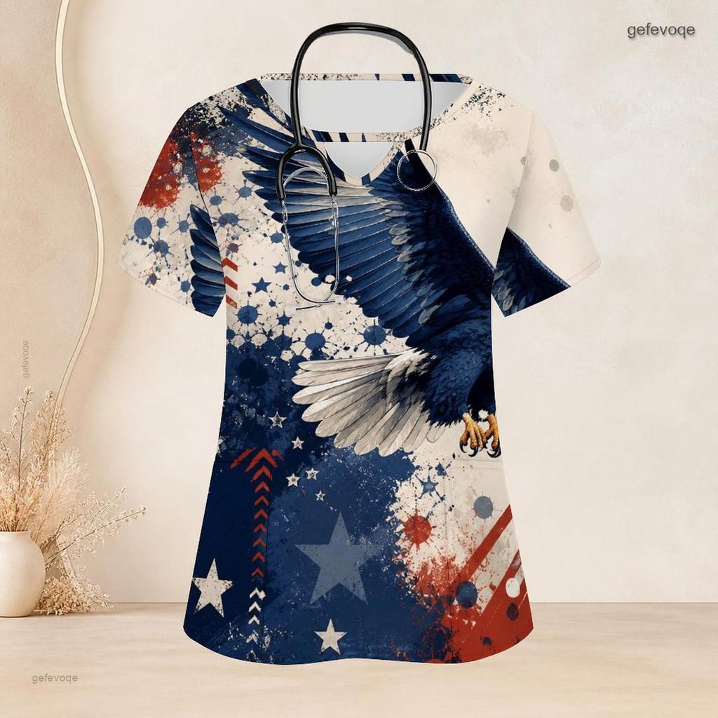Women Plus Size Bald Eagle Star Printed Keyhole Neck Short Sleeve Nurse Scrub Top With Pockets