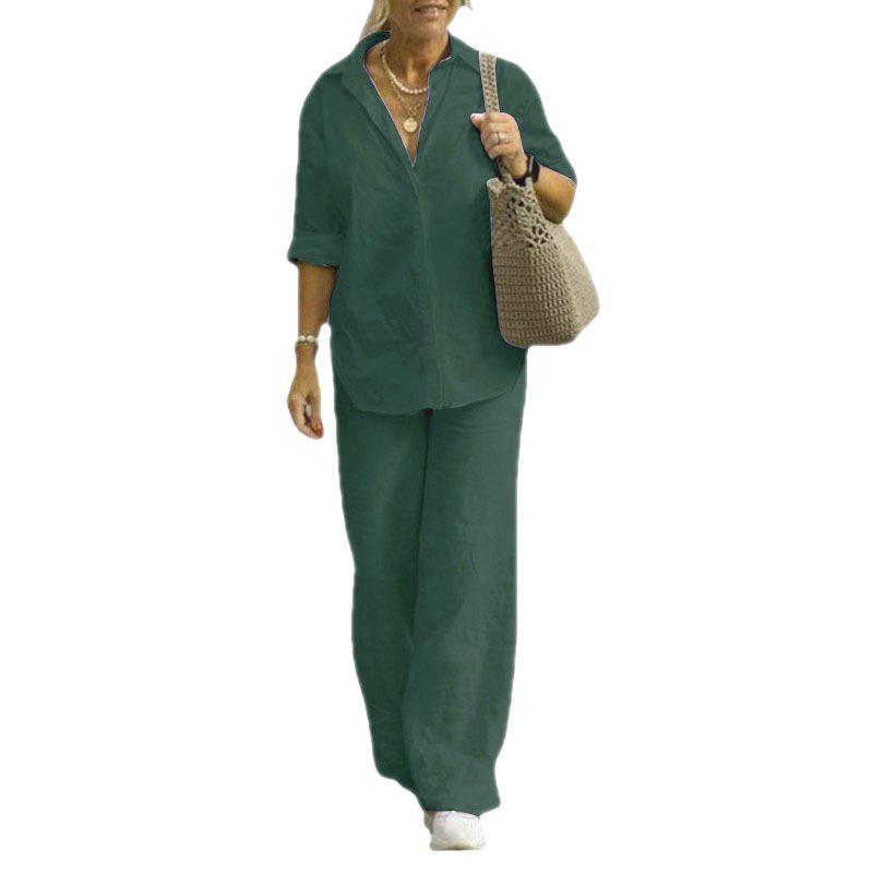 2023 Euro-American Women's Two-Piece: Lapel Long-Sleeved Shirt & Wide-Leg Pants Suit for Spring and Autumn.