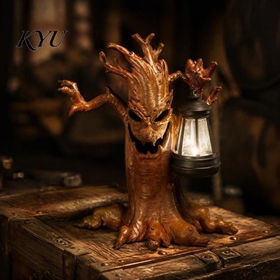 Halloween Tree Spirit Decorations Scary Statue with Solar Lantern, Resin Spooky Powered Garden Statues Figurine, Weatherproof Outdoor Yard Patio