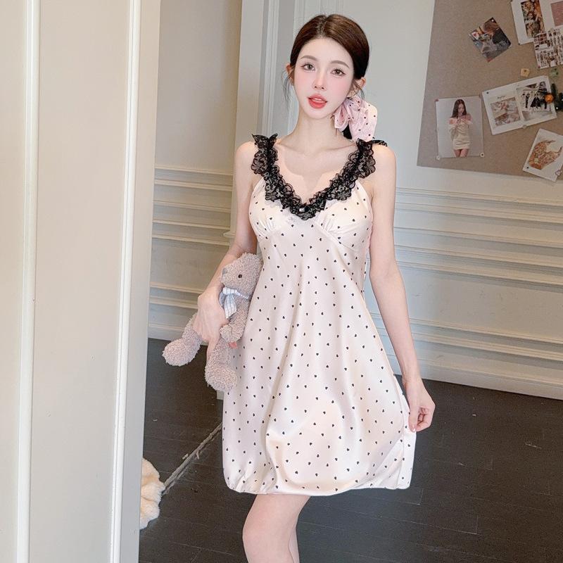Internet Celebrity Sweet Ice Silk Nightdress Women's Summer Love Bubble Pink Polka Dot Suspender Skirt Thin Loungewear with Chest Pad