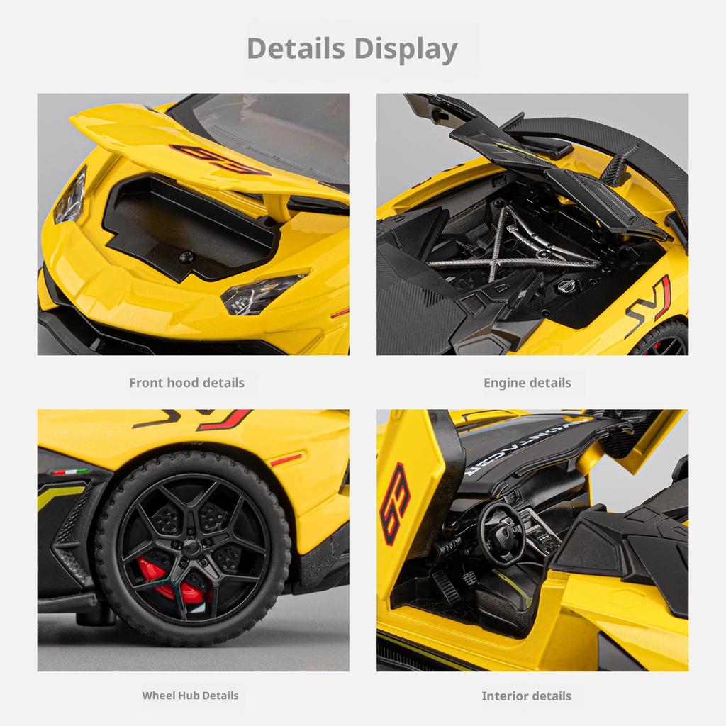 1/32 Alloy Die-cast SVJ63 Sports Car Model With Door Opening, Sound and Light Pull Back, Children's Toy Birthday Gift