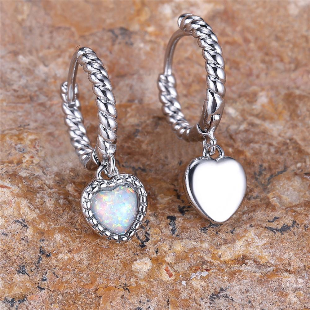 Luxury Female White Fire Opal Stone Heart Hoop Earrings Silver Color Unique Gift Party Wedding  For Women
