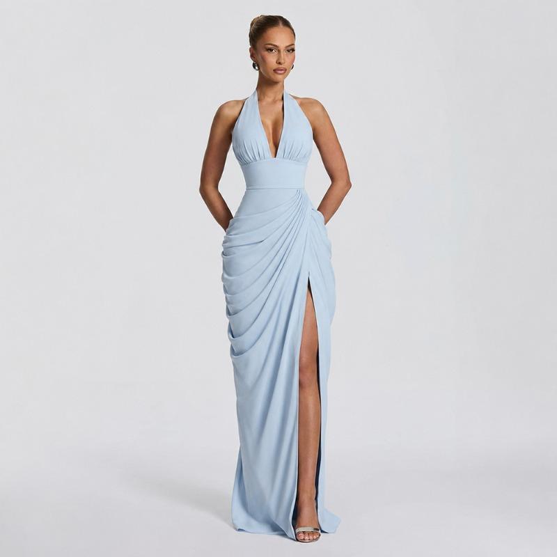 New women's clothing sexy deep V neck halter strap waist slim high split dress skirt