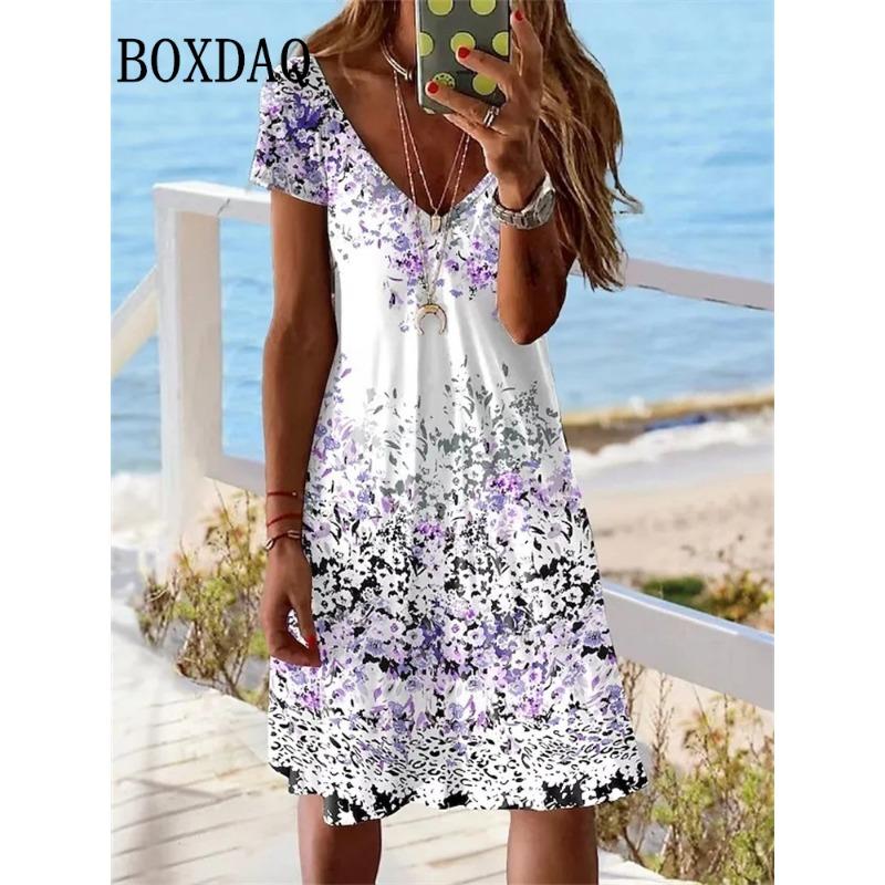 Kurzarm Damen Neues Kleid Sommer Pullover Mode Übergröße Kleid Lässig Locker V-Ausschnitt Damen Sommer Druck Partykleid